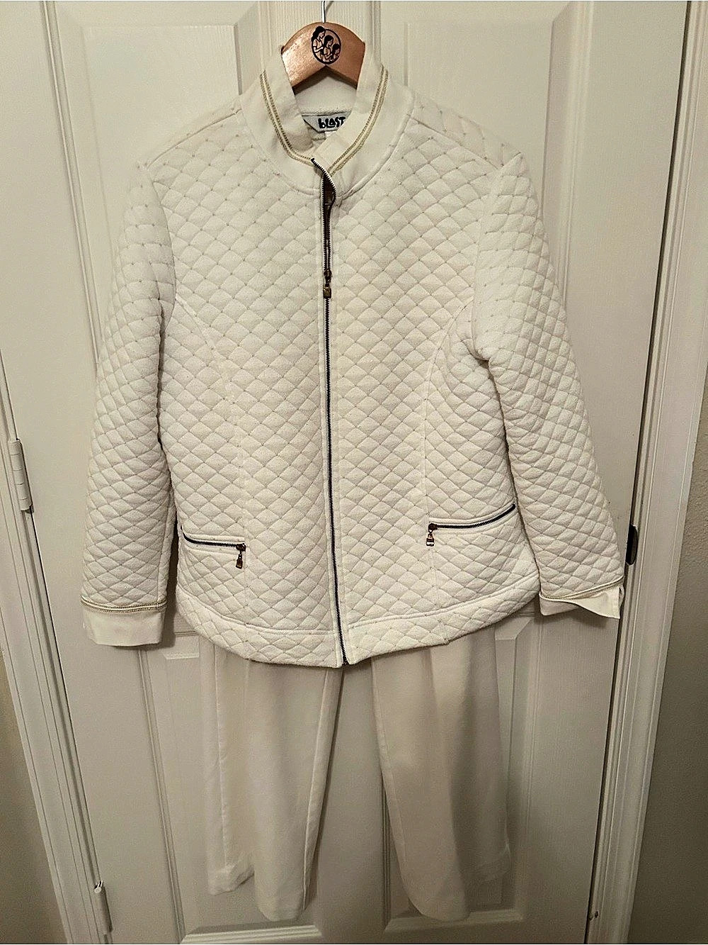 blest Quilted Jacket, Top & Pants Set in White Size Medium